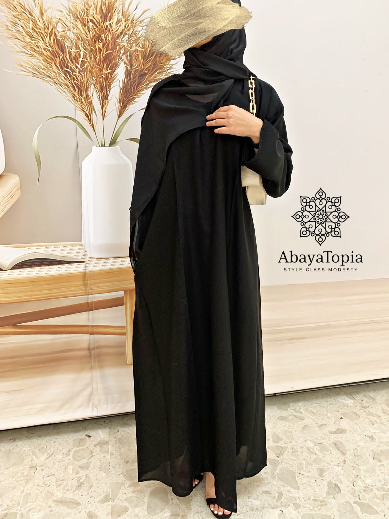 Basics Closed Abaya with Hijab and One Side Pocket - Black | AbayaTopia