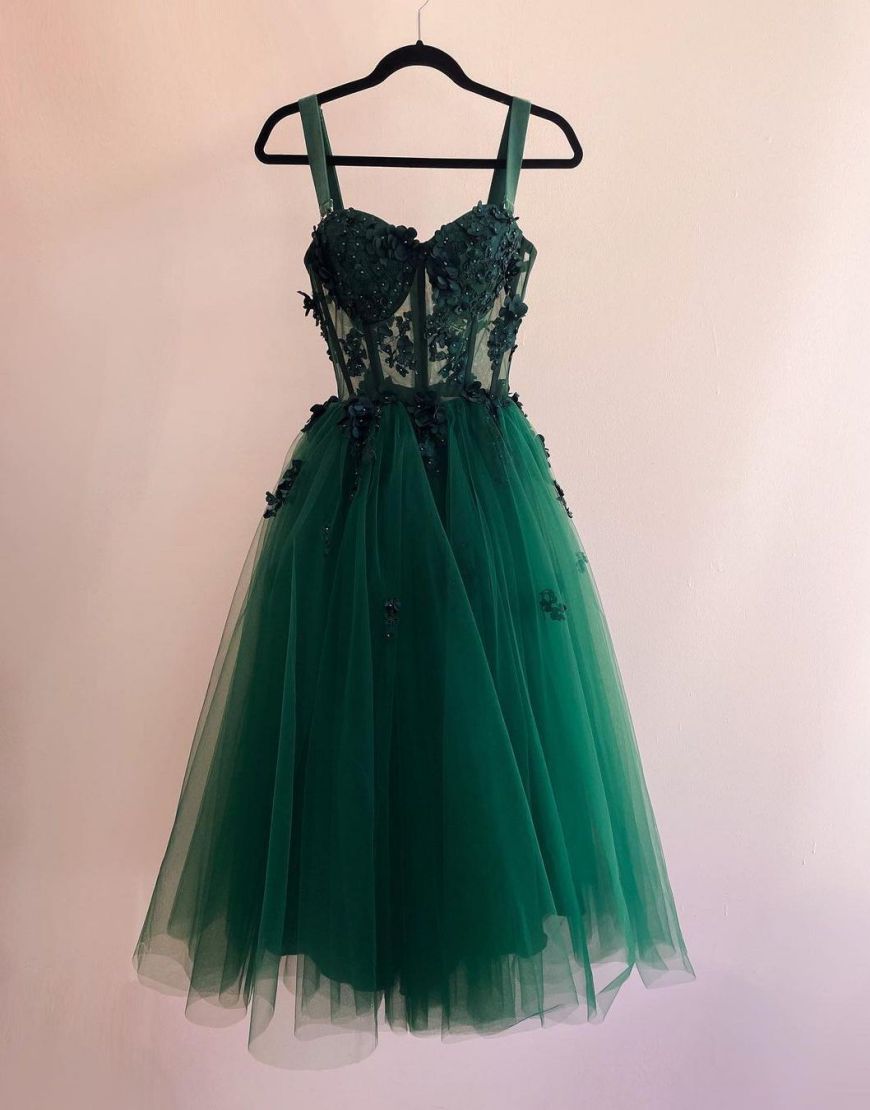 Green Knee Length Straps Tulle Homecoming Dress With Appliques | HOCO ...