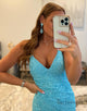 Sexy V Neck Blue Spaghetti Straps Prom Dress With Sequins