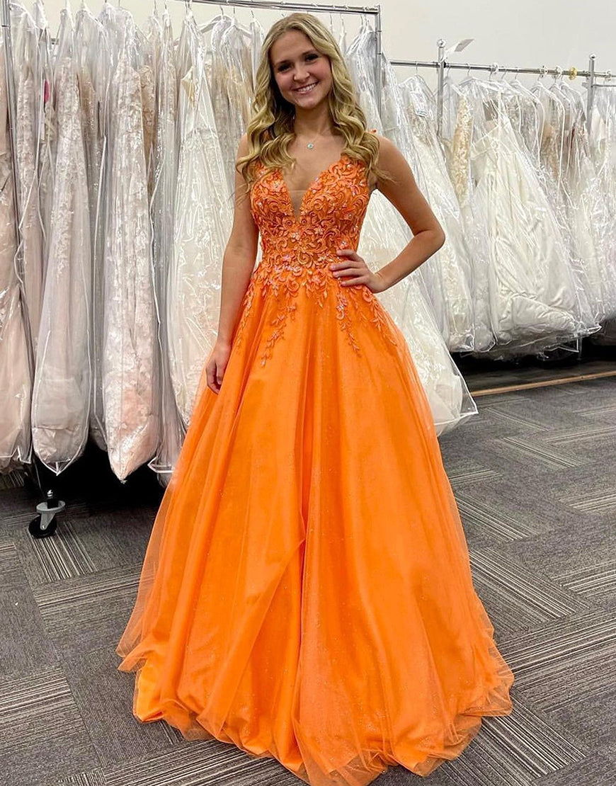 Stunning Orange ALine VNeck Long Tulle Prom Dress Prom Dress 2023