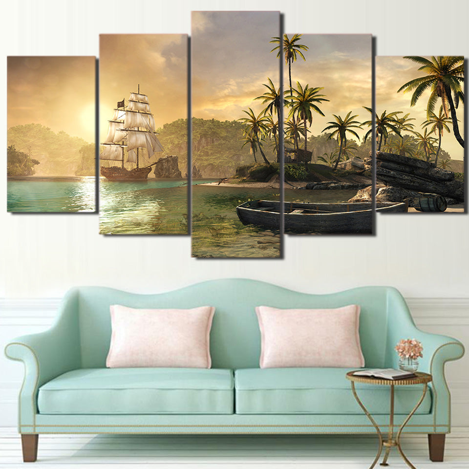 5 Panel Ship Row Boat And Island Palm Tree Sunset Mountain Wall Art