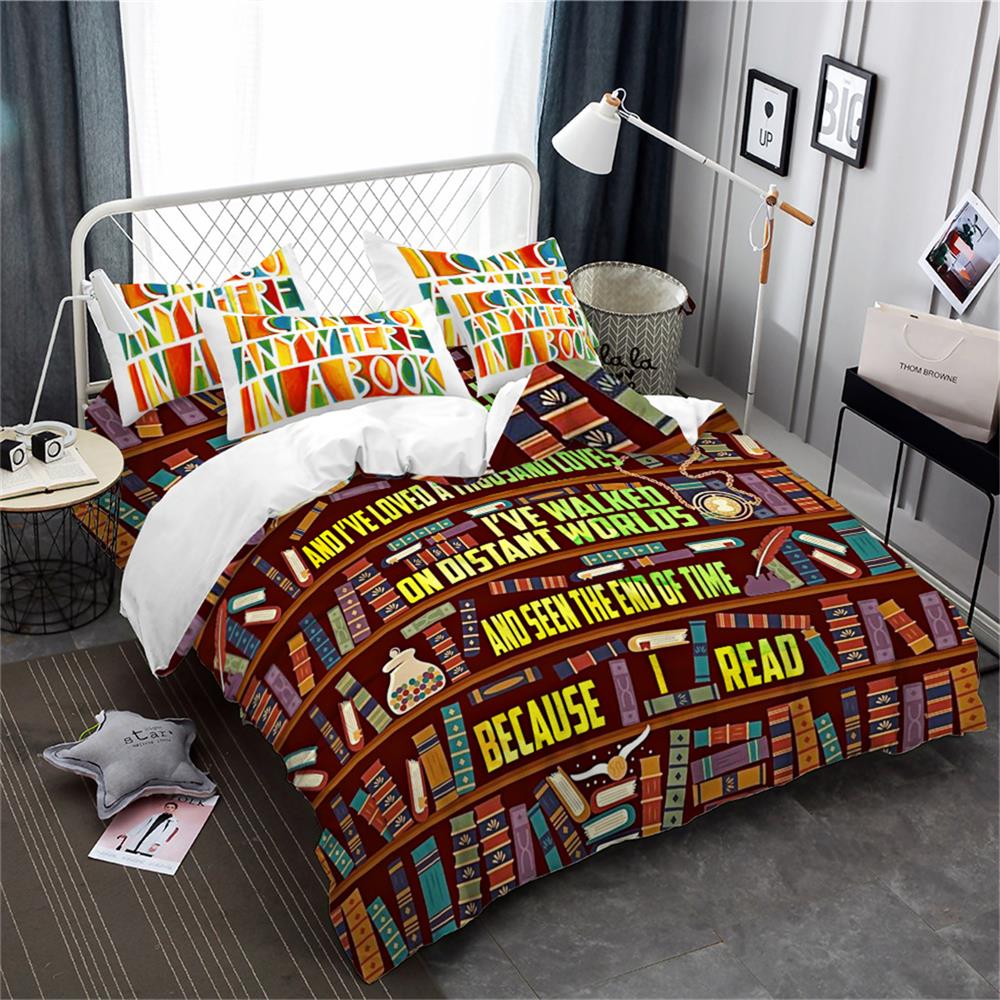 Cartoon Bookshelf Painted Bedding Set Colorful Books Letter Print