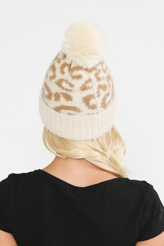 Pom Pom Leopard Print Beanie in Taupe