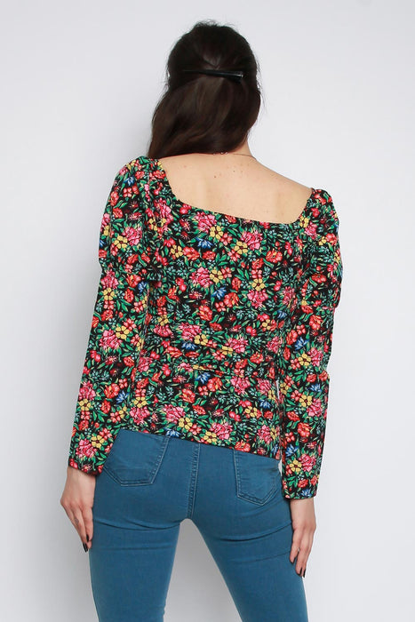 Square Neck Floral Long Sleeve Top