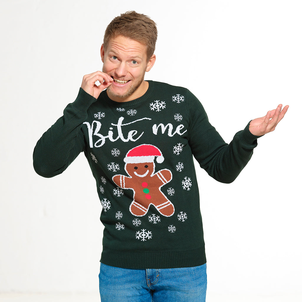 Se Årets julesweater: Bite Me - herre / mænd. Ugly Christmas Sweater lavet i Danmark hos Jule-Sweaters.dk