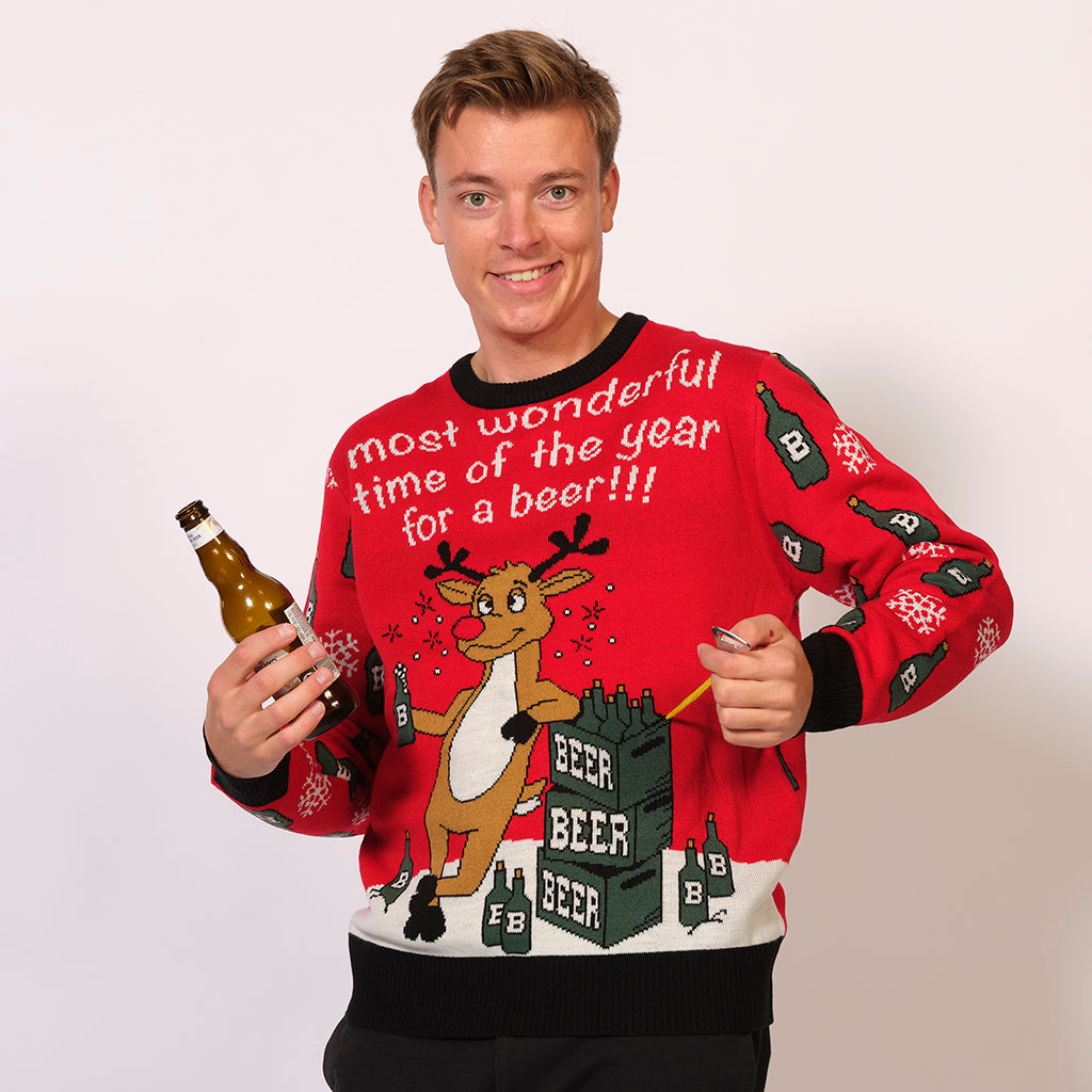Billede af Årets julesweater: Most Wonderful Time Rød - herre / mænd. Ugly Christmas Sweater lavet i Danmark