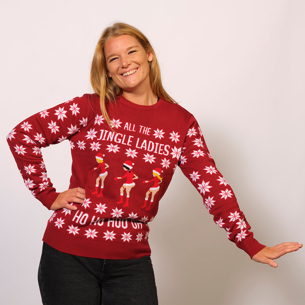 Se Årets julesweater: Jingle Ladies - dame / kvinder. Ugly Christmas Sweater lavet i Danmark hos Jule-Sweaters.dk