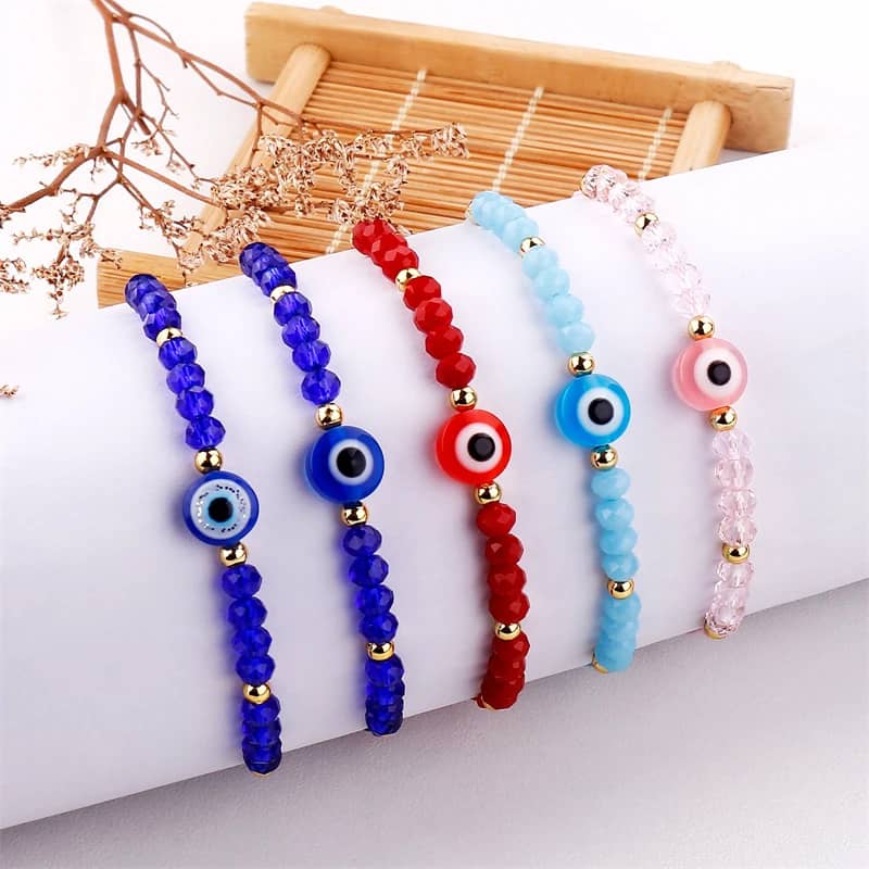 Evil Eye Bracelet, White Blue Bead Bracelet, Blue Evil Eye Beads,  Stretchable Bracelet, Glass Evil Eye, Evil Eye Charm, Handmade Evil Eye 