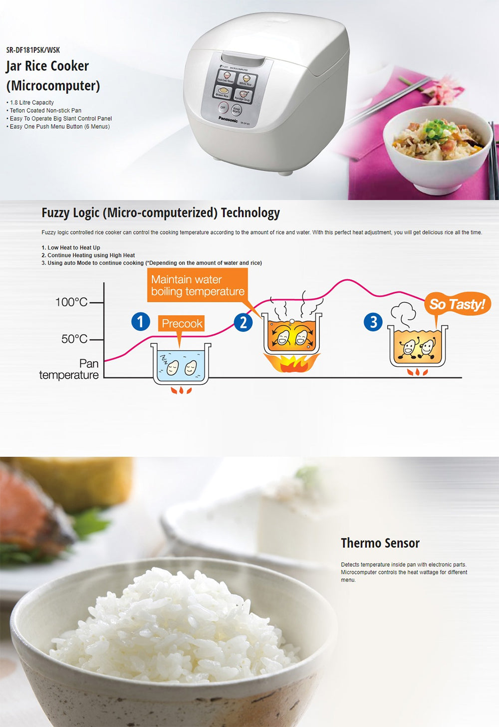 Panasonic 10 Cup Uncooked Rice Cooker with Fuzzy Logic and One-Touch Cooking for Brown Rice, White Rice, and Porridge or Soup - 1.8 Liter - Sr-df181