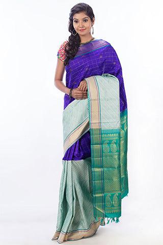 Blue Half And Half Pure Kanchipuram Handloom Silk Saree With Pure Zari Palam Silks