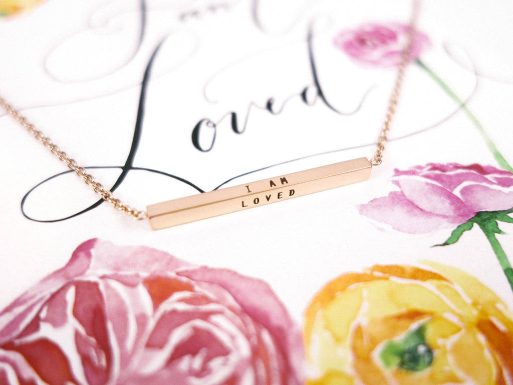 I Am Loved Bar Pendant Necklace in Rose Gold