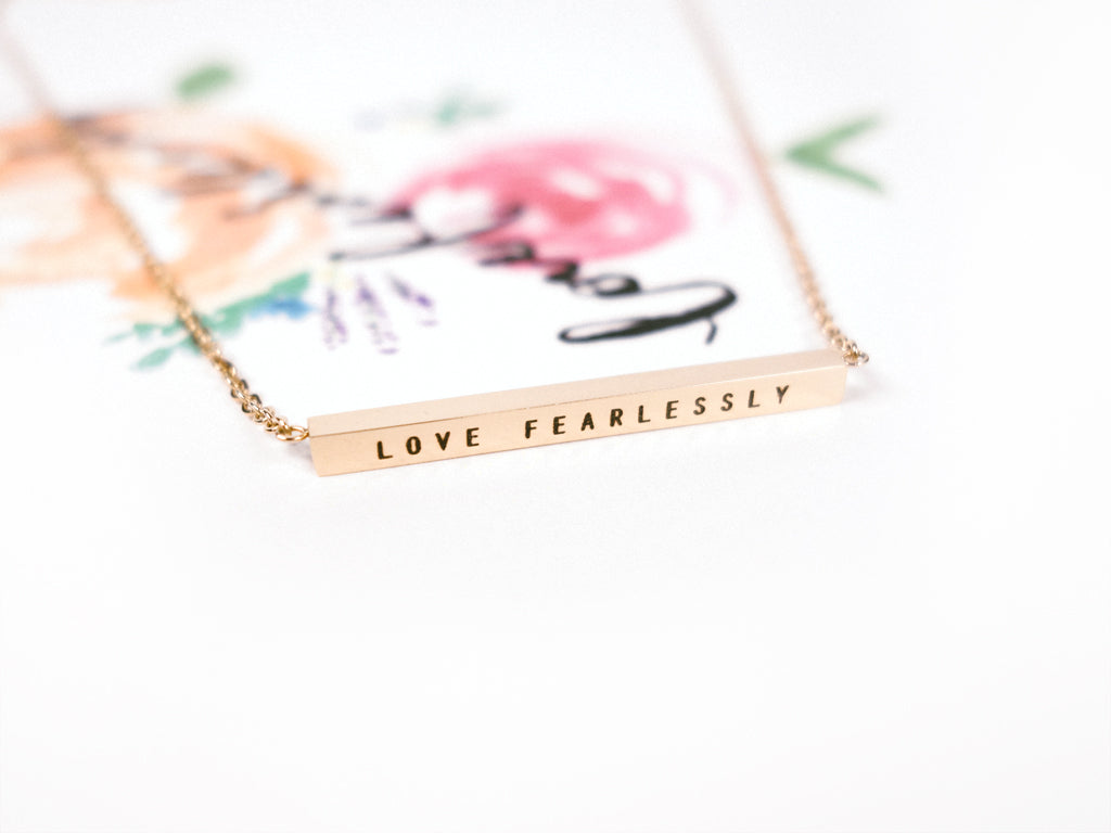 j co foundry love fearlessly rose gold bar pendant necklace postcard verse jillian saturdaymovement calligraphy flowers watercolour