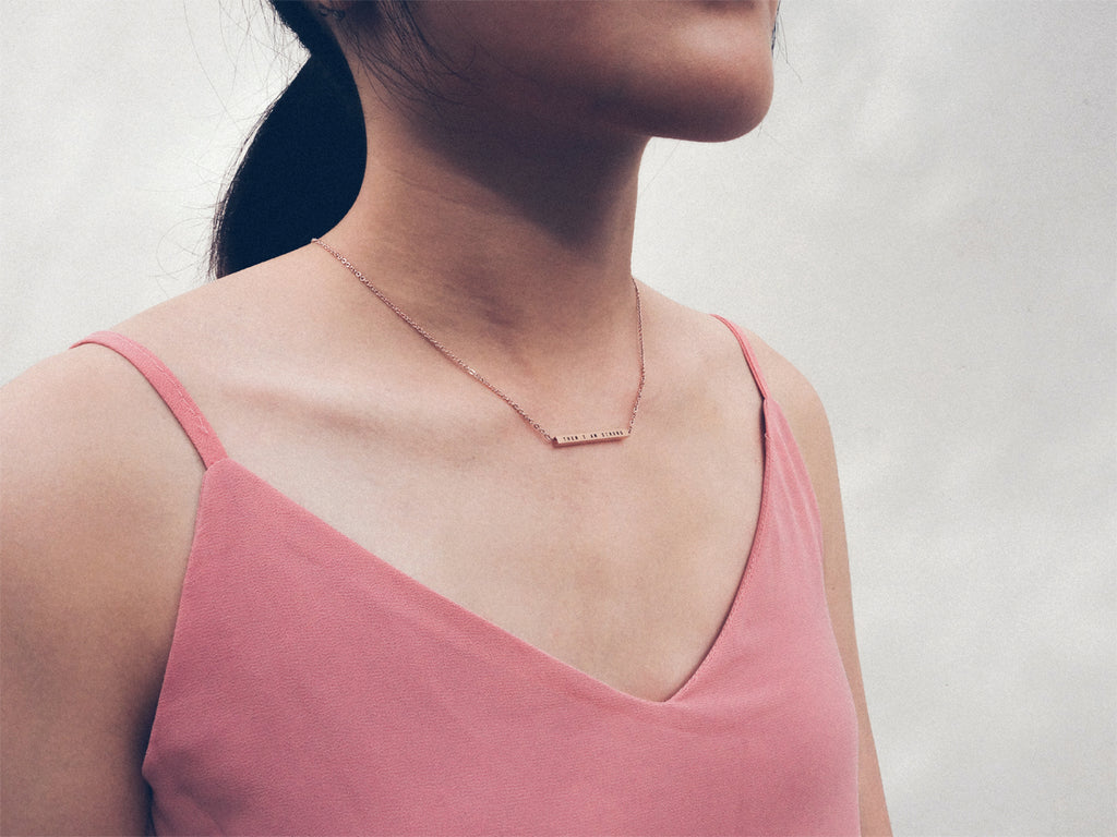 When I am weak then I am strong Customised bar necklace in Rose Gold