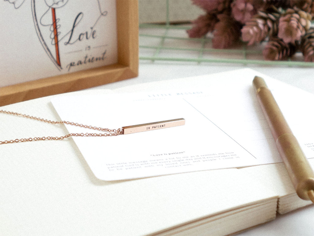 Love is Patient Customised vertical bar necklace in rose gold