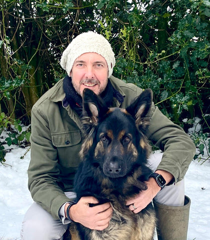North Yorkshire artist Angus Gardner with his faithful german shepherd dog Obi. Original paintings and prints by Angus are available from The Acorn Gallery in Pocklington with delivery available.