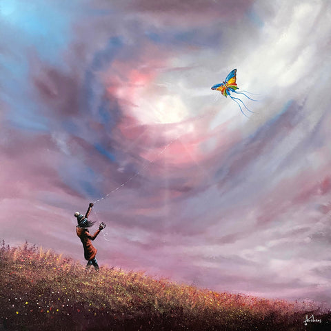 DAB An original painting showing a child on a hillside on a windy day flying a kite with streamers flying in the wind. Painting by Yorkshire artist Danny Abrahams and available at The Acorn Gallery Pocklington York.