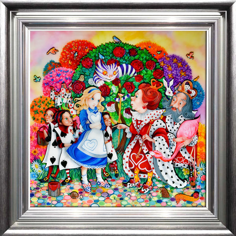 KDAR a bright and colourful paintinging showing the meeting of Alice in Wonderland with the Queen of Hearts in the Rose Garden with an abundance of colour and detail! Painting by Kerry Darlington and available from The Acorn Gallery Pocklington York.