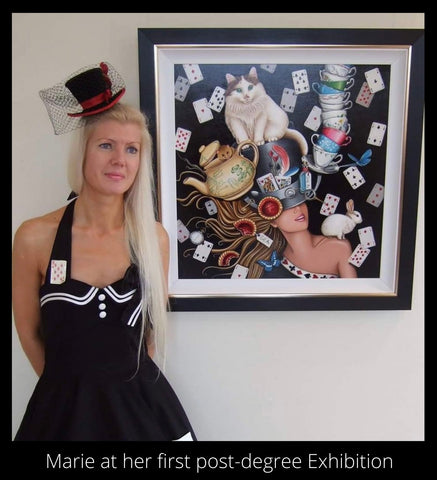 Artist Marie Louise Wrightson whose cult pop and Alice in Wonderland themed paintings and prints are sold at The Acorn Gallery, Pocklington, available online or in store with delivery available.