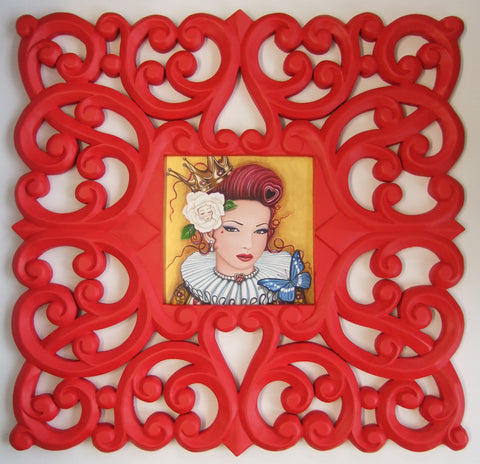 MLW A Stunning original painting of the Queen of Hearts with a large white rose in her hair and a gold background. The frame is very wide and ornate and a stunning red! Painting by Scottish artist Marie Louise Wrightson and available at The Acorn Gallery Pocklington York.