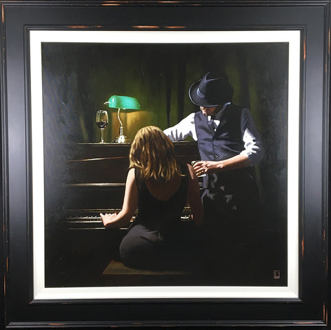RBL A dark and romantic painting of a young woman sat playing an upright piano with her man stood at her side watching her. Painting by artist Richard Blunt available at The Acorn Gallery Pocklington York.