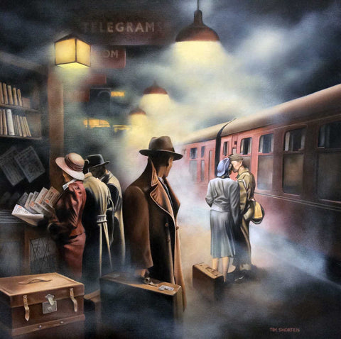 A man with a suitcase standing on a railway station platform in a cloud of steam looking at a couple and perhaps thinking of someone he misses. Painting and prints by artist Tim Shorten and artwork available at The Acorn Gallery, Pocklington near York.