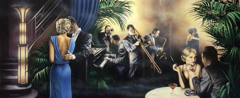 A beautiful woman in a blue dress talking with a man in formal white tie evening dress. We imagine the setting is a jazz club as in the background a man plays piano and a trio of others play on trumpet, trombone and saxophone. Other couples are sat at tables with drink and sometimes smoking with their cigarettes in elegant holders, whilst others are dancing. Painting and prints by artist Tim Shorten and available from The Acorn Gallery, Pocklington near York.