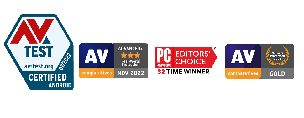 McAfee Awards - AV Test, AV Comparatives 3 Star, AV Comparatives Gold, PCMAG Editors Choice