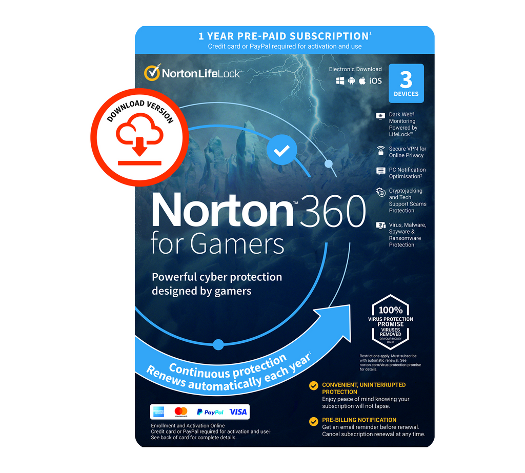 Norton 360 for Gamers 2021 3 Devices | 25GB PC Cloud Backup