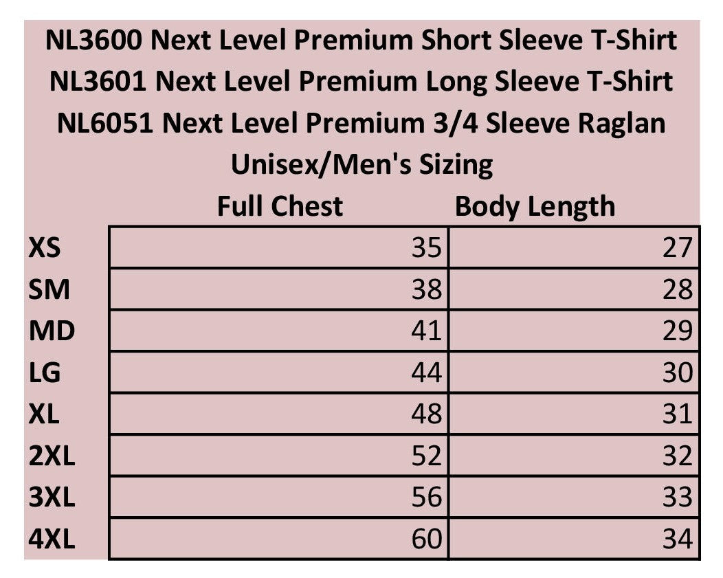 Next Level Unisex Triblend 3 4 Sleeve Raglan Size Chart