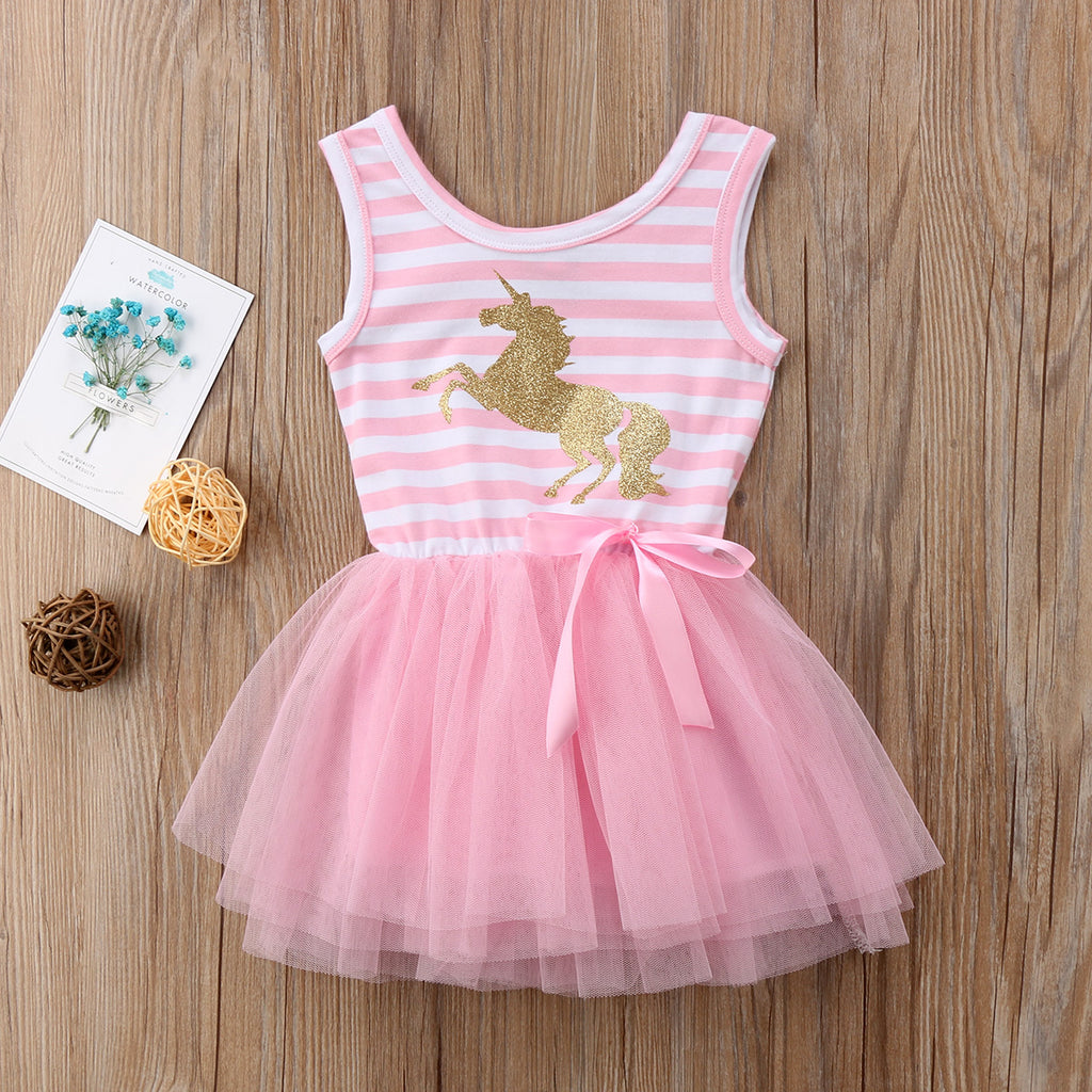 Girls Sleeveless Pink Striped Unicorn Tutu Dress - 100 Unicorns