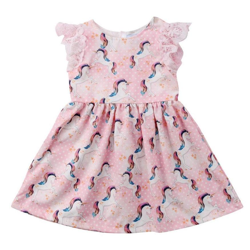 Girls Sleeveless Pink Unicorn Party Dress w/ Lace - 100 Unicorns
