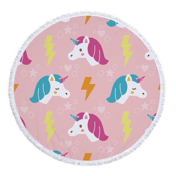 Round Pink Unicorn Beach Towel w/ Tassels - 100 Unicorns