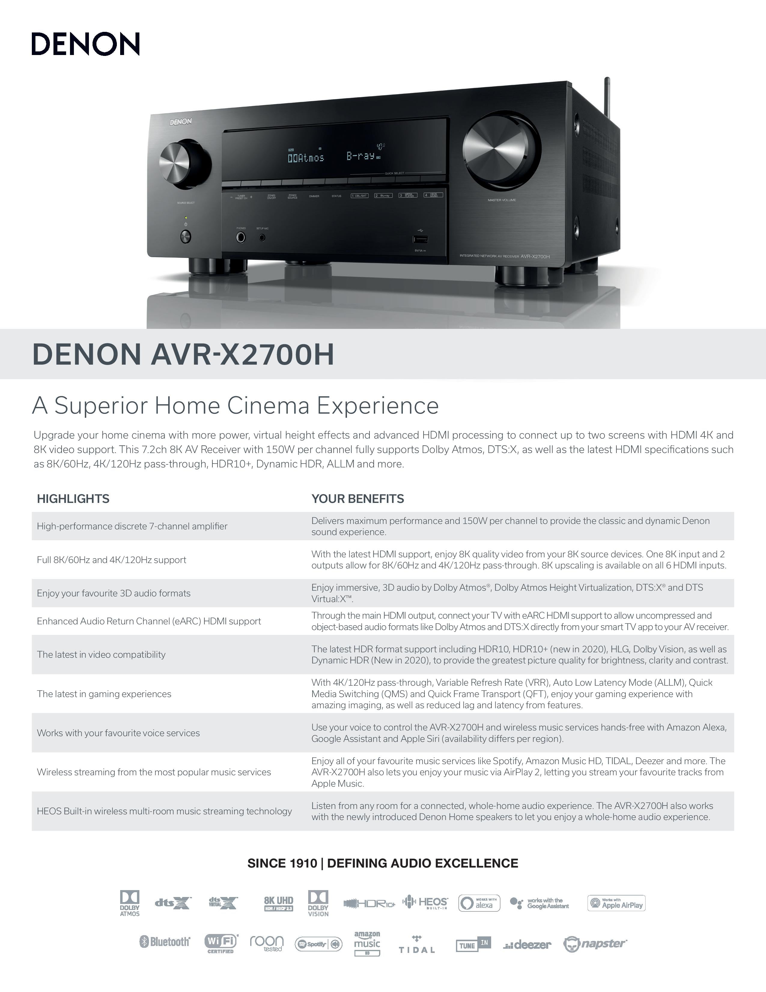 Denon AVR-X2700H 7.2 Ch. 8K AV Receiver w/ 3D Audio, HEOS Built-in & V