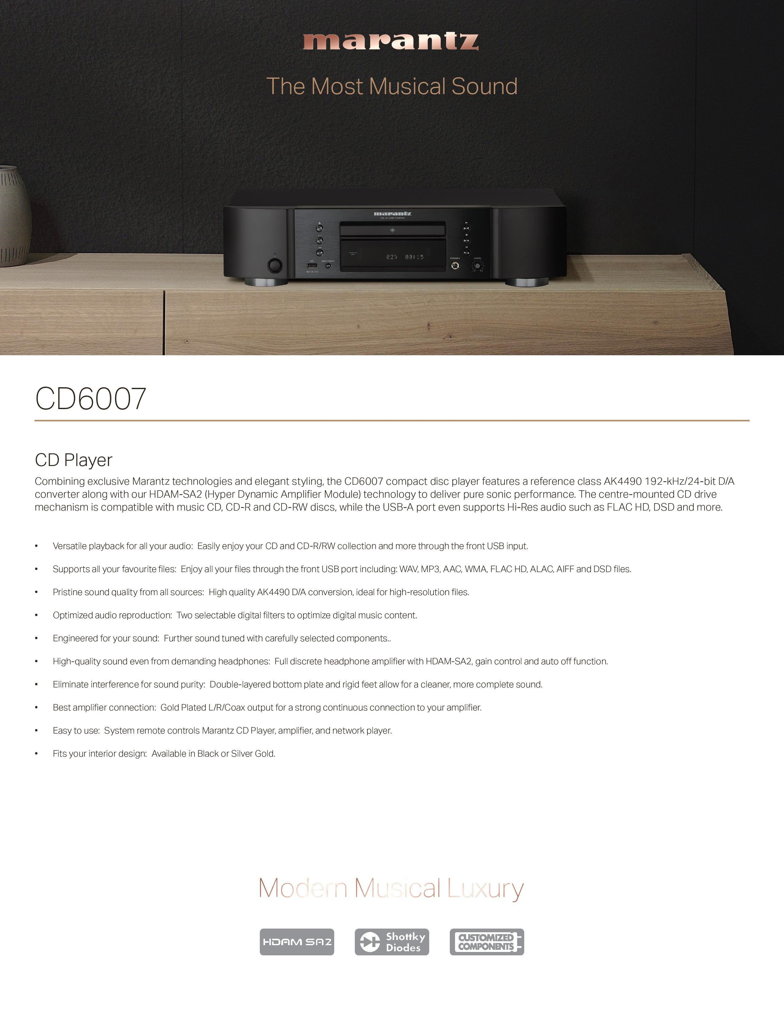Marantz CD6007 CD Player with Hi-Res Audio Support 