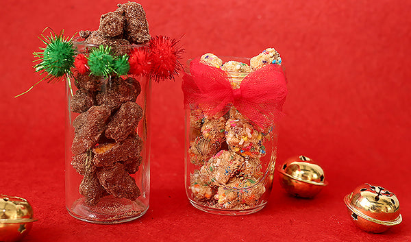 Decorated Christmas Jars With Cinnamon Sugar And Birthday Cake Pretzel Bites