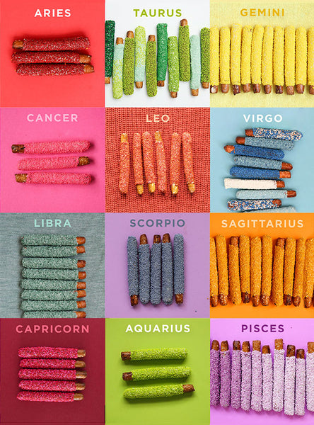 Custom colored sprinkle pretzels paired with astrological signs