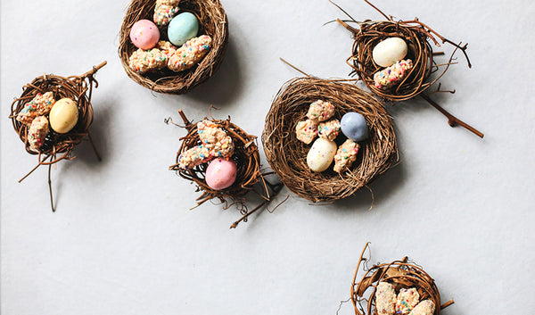 Easter bird nests with chocolate covered pretzel bites and Cadbury eggs