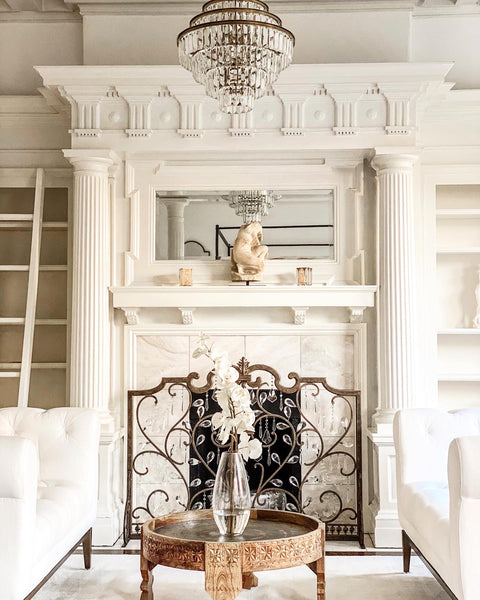 San Francisco fireplace screen mantel chandelier all white arches French victorian home design