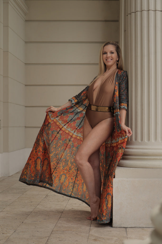 Glamour Bronze belted low cut bathing suit 