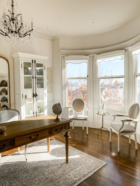 home office design French victorian all white bay windows