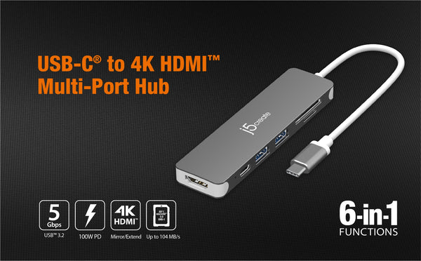 6-in-1 Functions  All the connections you need for maximum productivity     Crisp and Clear 4K Content  The HDMI™ port allows you to mirror or extend your screen and directly output 4K UHD video to an HDTV, monitor, or projector    SuperSpeed USB™ 5Gbps Data Transfer Ports  2 USB™ Type-A 3.2 ports for connecting additional accessories or charging. *Backwards compatibility with USB™ 3.0 hosts and devices   100W Power Delivery Pass-Through  Use with a USB-C® power adapter for the added ability to charge your laptop and power connected accessories   Additional Data/Media Storage  External memory access up to 2 TB, supporting microSD™ and SD™ 3.0 UHS-I with data transfer speeds up to 104 MB/s  Universal Compatibility  Works with a variety of USB-C® devices, including tablets and phones     Connect Effortlessly  The USB-C® Multi-Port Hub is plug-and-play, requiring no additional installations or downloads    Ultra-thin, perfect for on-the-go  All the ports you need for wherever you go. All-in-one multi-port adapter Size : 4.42 x 1.17 x 0.41 in. (112.20 x 29.80 x 10.41 mm) Weight : 1.69 oz (48g) Cable Length : 5.9 in. (150 mm)