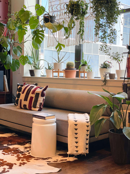 light airy living room with plants and mud cloth fabric