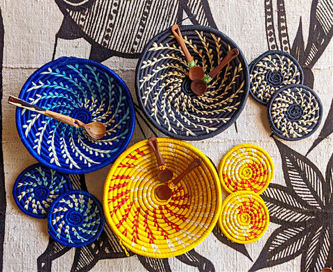 colorful african baskets and drink coasters