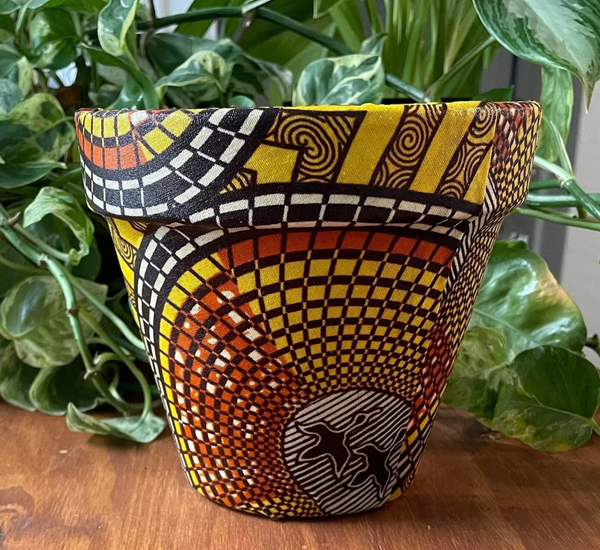 african fabric patterned flower pot