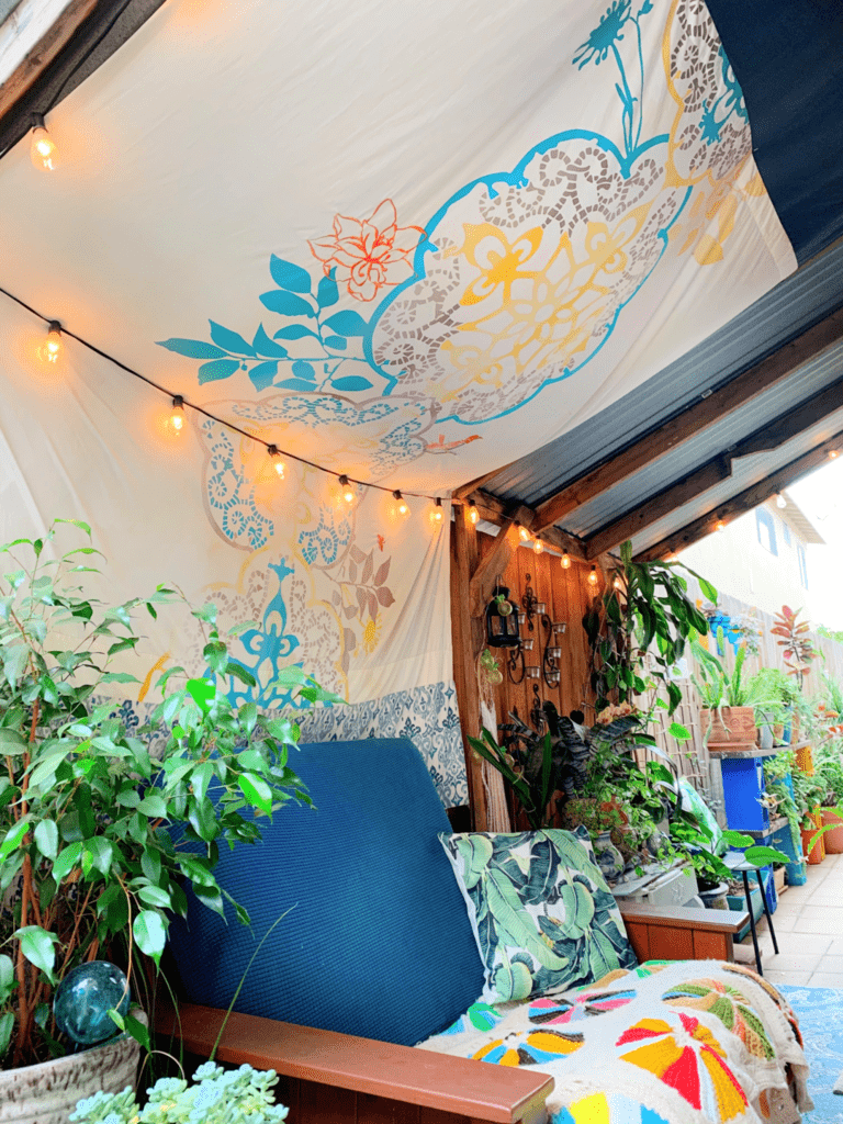 backyard styling with fabric and lights home tour decor blog