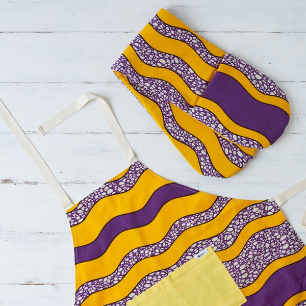 Tablier en tissu imprimé africain violet jaune, mitaines de four, guide cadeau pour la fête des mères