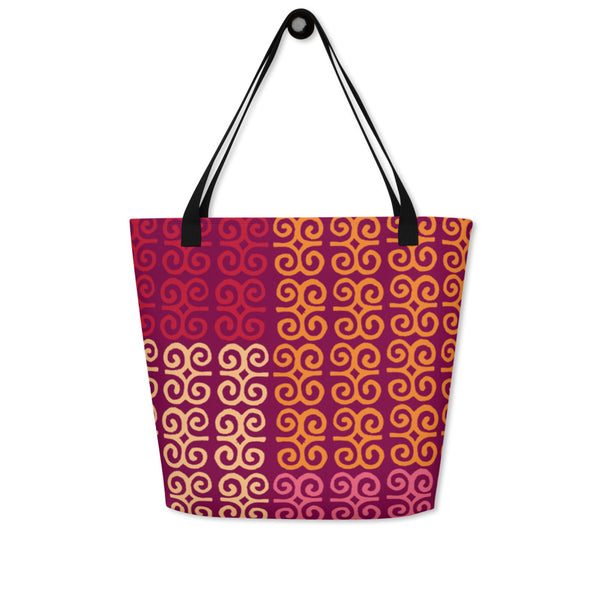 colorful red orange purple large tote shoulder bag with African symbols