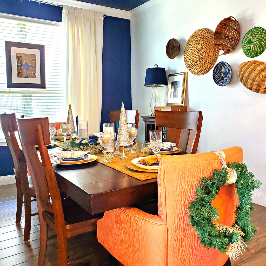 holiday dining room table styling with african baskets