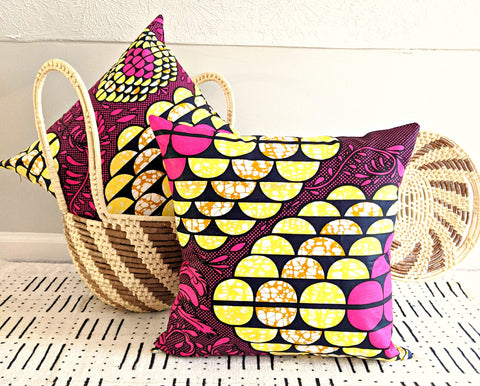 fuchsia yellow African print fabric pillow covers