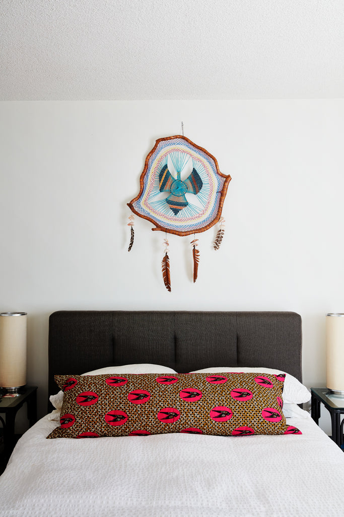 minimalist bedroom long african print fabric pillow